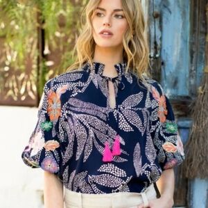 THML Print Embroidered Puff Sleeve Top Popover Blouse Size Small Tassels